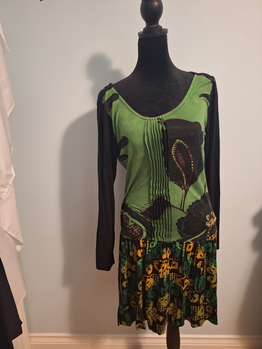 Desigual Green and Black Floral Print Long-Sleeve Dress